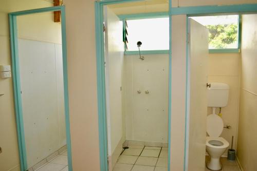 a bathroom with a toilet and a window at Apollo Bay Backpackers in Apollo Bay