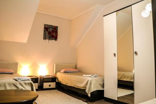 Cette chambre comprend 2 lits et un miroir. dans l'établissement Guest house Altay, à Karakol