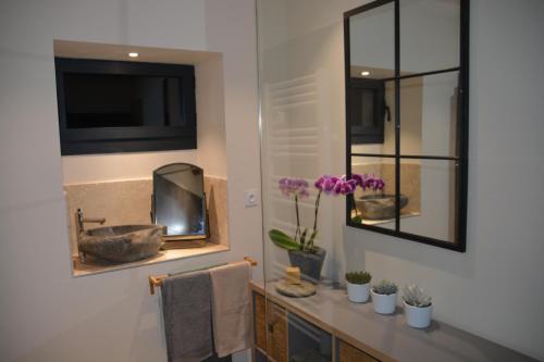 une salle de bain avec un lavabo et un miroir dans l'établissement Le Mas Saint Philippe, à Jonquières