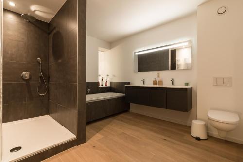 a bathroom with a shower and a toilet and a sink at Sky & Sand 2 - Free parking - Free bikes - EVcharging in Bruges