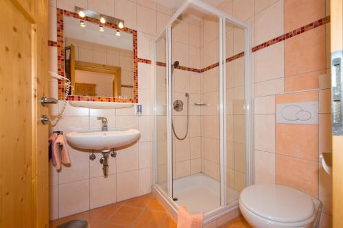 a bathroom with a shower and a toilet and a sink at Maria's Sonnenquartier in Wagrain