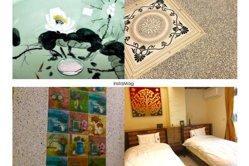 a collage of two pictures of a room with two beds at Home & Teak Homestay in Jinning