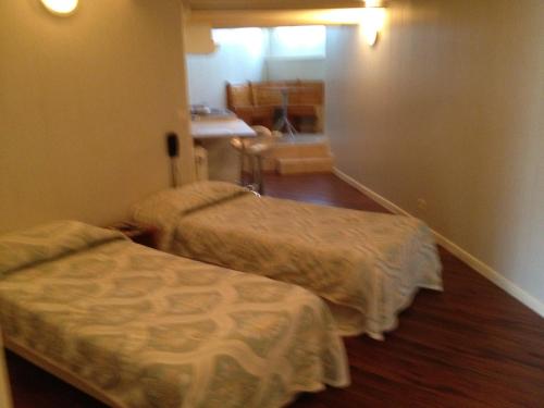 - une chambre avec 2 lits dans une chambre avec couloir dans l'établissement Hôtel Acostel, à Meaux