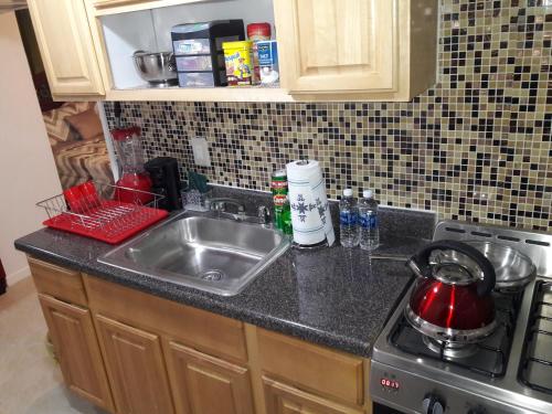 a kitchen counter with a sink and a stove at Studio, One and Two Bedroom Apartments - Bronx in Bronx