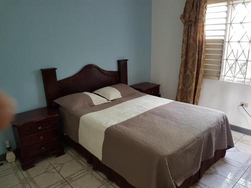 een slaapkamer met een bed en een raam bij Jus4U-1 The Home Away From Home Villa in Ocho Rios