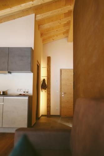 a room with a kitchen with a refrigerator and a door at Unterlutaschg-Chalet Appartement am Hof in Slingia
