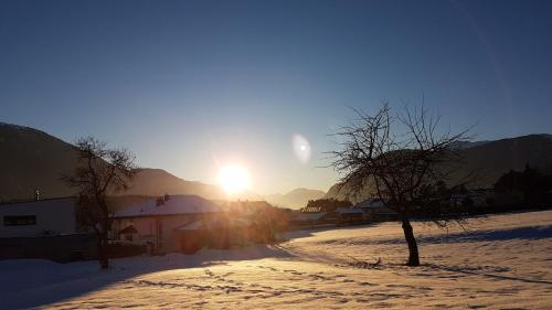 a sun setting over a snowy road with a tree at Apartment Bergverliebt in Mieming