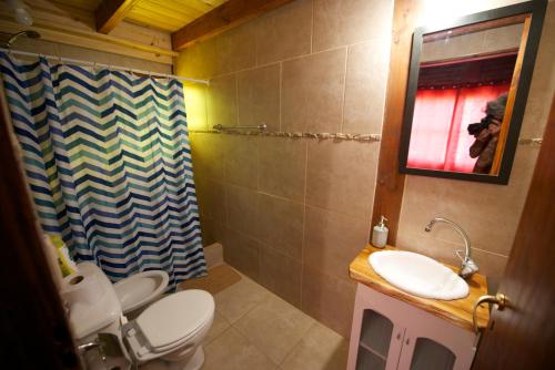 a bathroom with a toilet and a sink and a shower at El hostel secreto in Lago Puelo