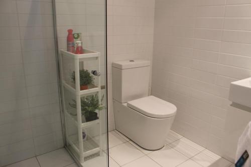 a bathroom with a toilet and a glass shower at Exquisite Family Home +Parking, Close to CBD in Sydney