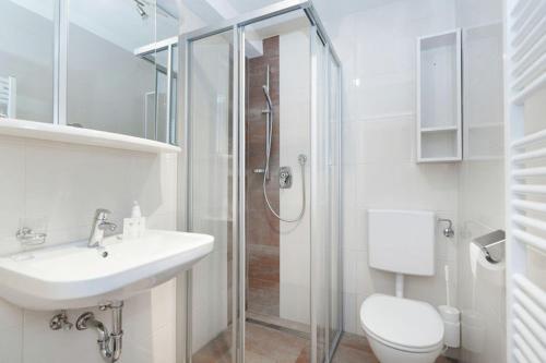 W łazience znajduje się prysznic, umywalka i toaleta. w obiekcie MH Appartement Hochwimmer w Saalbach Hinterglemm