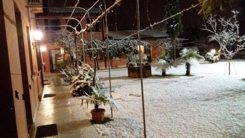 a courtyard covered in snow at night with potted plants at Dreon B&B in Portogruaro