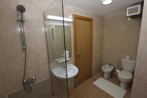 a bathroom with a shower and a sink and a toilet at Al Zaitouna Hotel in Aqaba