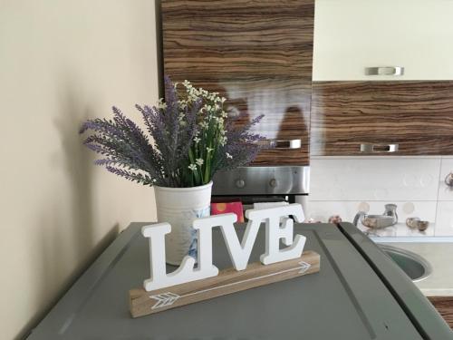 a sign on a table with a vase of flowers at Cosy apartment I in Târgu-Mureş