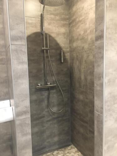 a shower stall with a shower head in a bathroom at Les lofts de Styliste in Brussels