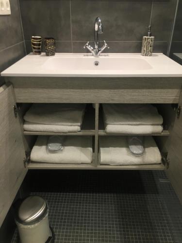 a bathroom sink with a bunch of towels under it at Les lofts de Styliste in Brussels