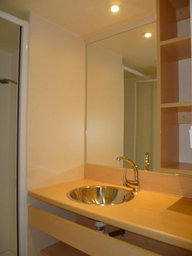 une salle de bain avec un lavabo et un miroir dans l'établissement Camping Pré-Fixe, à Cassagnabère-Tournas