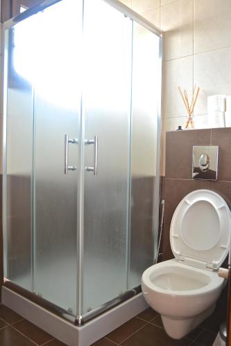 a bathroom with a toilet and a glass shower at Austria Luxury Apartments, Faraya Hotel in Fārayyā