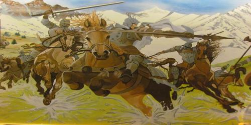 a painting of men riding horses in a field at Hotel Duc De Rohan in Livigno