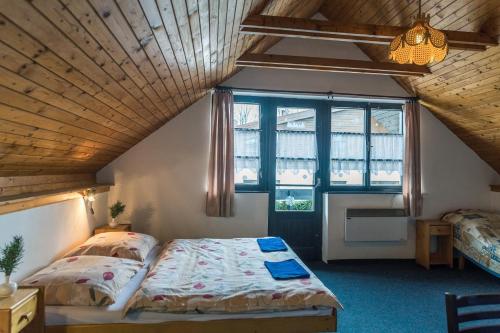1 dormitorio con cama y ventana grande en Penzion Familia Antol en Liptovský Mikuláš