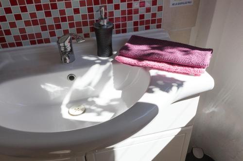 a bathroom sink with a pink towel on it at Absolument Levant in Île du Levant