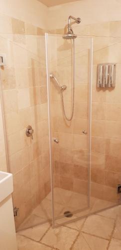 a shower with a glass door in a bathroom at The House of Taly & Erez in Neta‘im