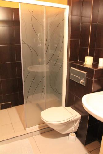 a bathroom with a shower with a toilet and a sink at Hotel Karkonosze in Kamienna Góra