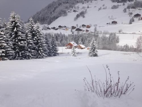 a snow covered field with a house and trees at La Ferme des Georgières "Séjour en tout compris" in Notre-Dame-de-Bellecombe