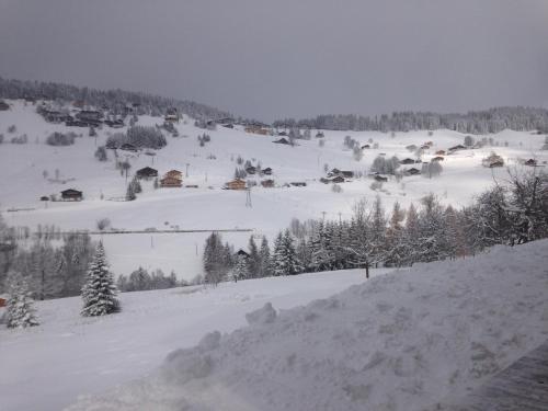 a snow covered hillside with houses and trees at La Ferme des Georgières "Séjour en tout compris" in Notre-Dame-de-Bellecombe