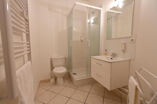 a bathroom with a shower and a toilet and a sink at Appart'Hôtel de la Tour in Troyes