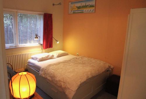 a bedroom with a bed and a lamp and a window at De Boem in Westermient