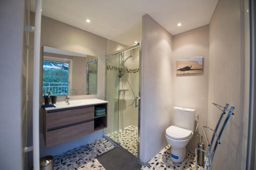 une salle de bain avec toilettes, lavabo et douche dans l'établissement Coup de coeur: duplex centre ville vue mer & port, à Bandol