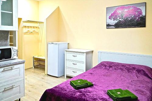 ポドリスクにあるApartment Dianaのベッドルーム1室(紫色のベッド1台、緑色の袋2つ付)