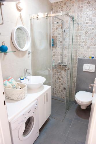 un bagno con lavandino, WC e doccia di Atelje apartment a Belgrado