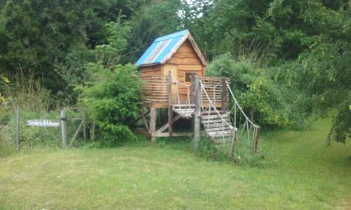 a small wooden cabin with a blue roof at Cabañas en Alojamientos Techo Azul in Malalcahuello