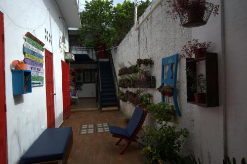 a hallway with two chairs and a wall with plants at La Puerta Roja Guest House in Santo Domingo