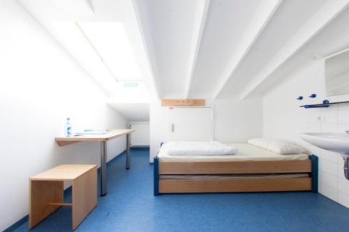 ein Schlafzimmer mit einem Bett und einem Waschbecken in einem Zimmer in der Unterkunft Jugendherberge Ottobeuren in Ottobeuren