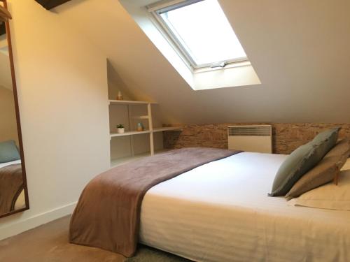 オンフルールにあるSur les Toits de Honfleurのベッドルーム1室(天窓付きの大型ベッド1台付)