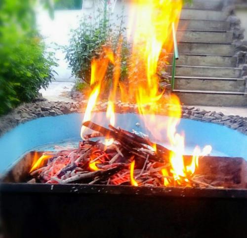 a fire pit with flames in it next to some stairs at Petrovskaya Pristan in Cholpon-Ata