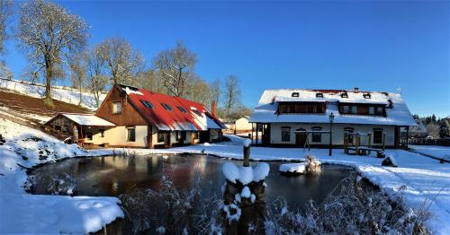 a house with a red roof in the snow at Penzion U Skutilů in Pilníkov