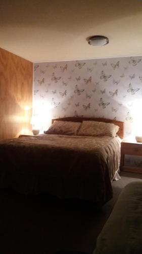 um quarto com uma cama com pássaros na parede em The Red Shed, Anakiwa em Picton