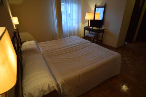 a bedroom with a bed and a mirror and a television at Hostal Blazquez Sanchez in Béjar