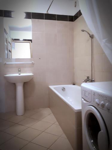 a bathroom with a sink and a washing machine at Gozsdu Suite Apartment in Budapest