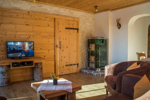 a living room with a couch and a television at Apartments Landhaus Sonnheim in Lofer