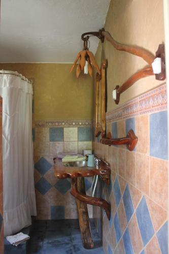 a bathroom with a wooden sink and a mirror at La Casa de Wanda in Villa Las Rosas