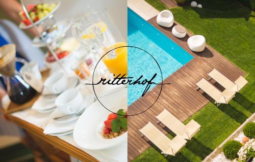 a table with a plate of food next to a pool at Apartmenthotel Ritterhof Suites & Breakfast in Schenna