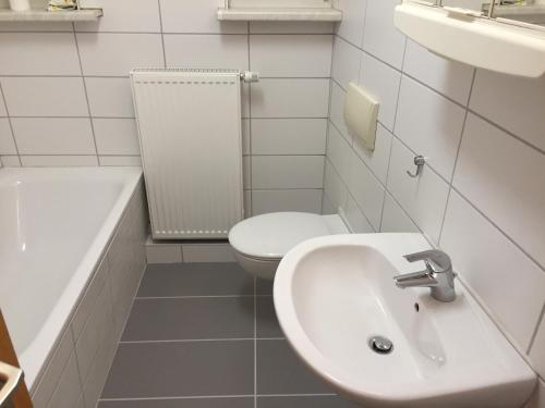 een witte badkamer met een toilet en een wastafel bij Ferienwohnung Amanda in Stützerbach