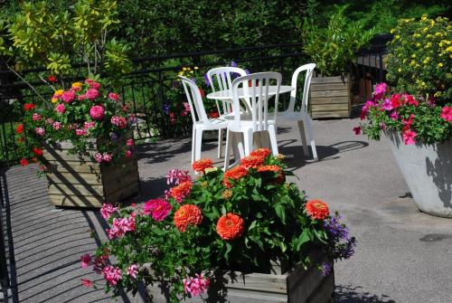 モルジヌにあるChalet "Le 19 x 27"の庭にある3つの白い椅子と花