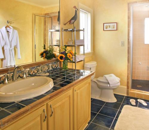 a bathroom with a sink and a toilet and a mirror at L'Auberge Provencale Inn & Restaurant in Boyce