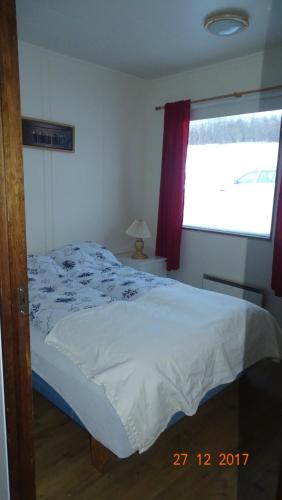 a bedroom with a white bed with a window at Miðjanes Reykhólahrepp in Reykhólar