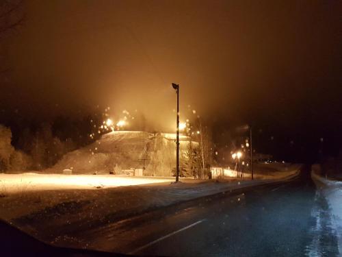 a fire is on the side of a road at night at William Willa in Otepää